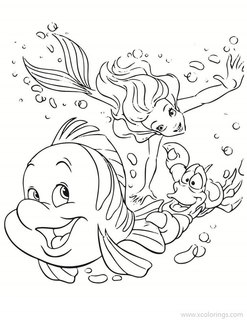 Little Mermaid Playing with Flounder and Sebastian Coloring Pages ...