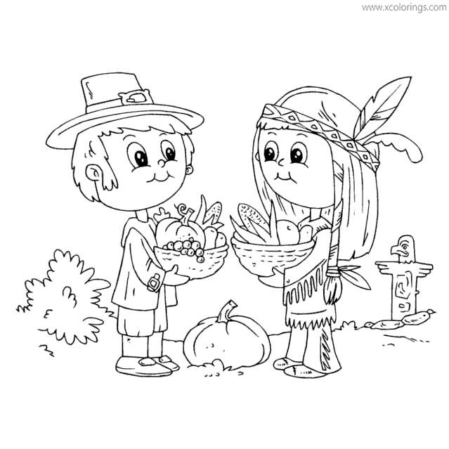 Pilgrim Boy and Indian Girl Coloring Pages Thanksgiving Food ...