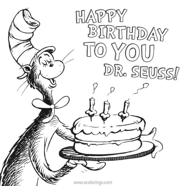 Happy Birthday Dr Seuss Coloring Pages Cat In The Hat with Balloons ...