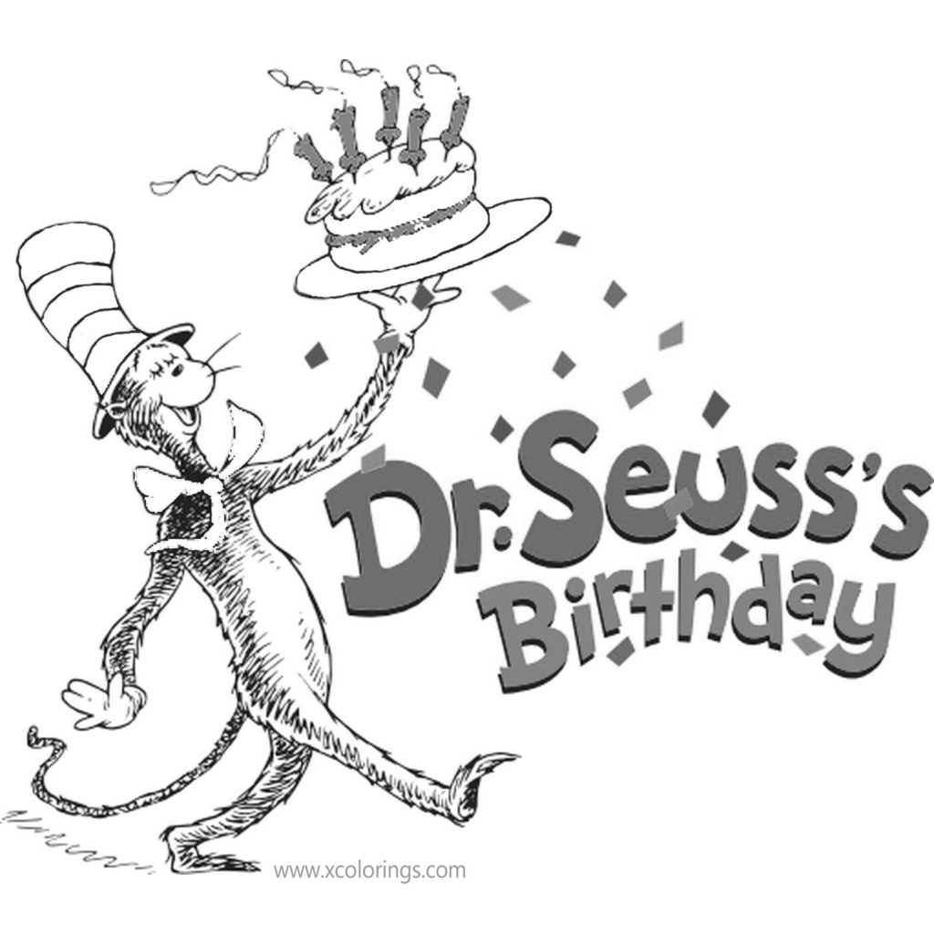 Happy Birthday Dr Seuss Coloring Pages Hat and Cake - XColorings.com