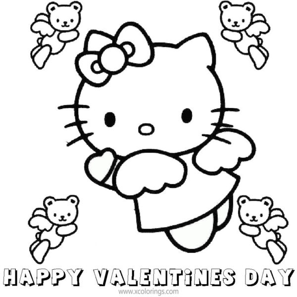 Hello Kitty Happy Valentines Day Coloring Pages with Hearts and Flowers ...