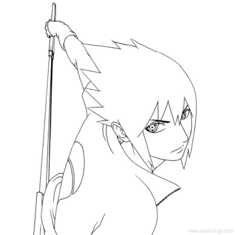 Chibi Sasuke Uchiha Coloring Pages with Sword - XColorings.com