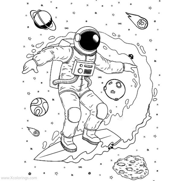 Cartoon Astronaut with Planets Coloring Pages - XColorings.com