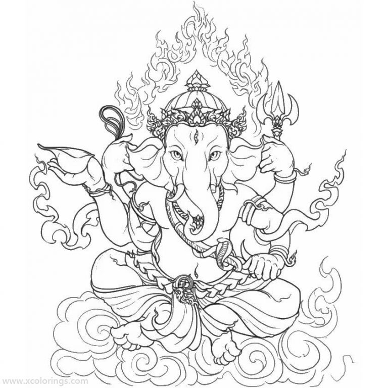 Ganesh Coloring Pages with Four Arms - XColorings.com